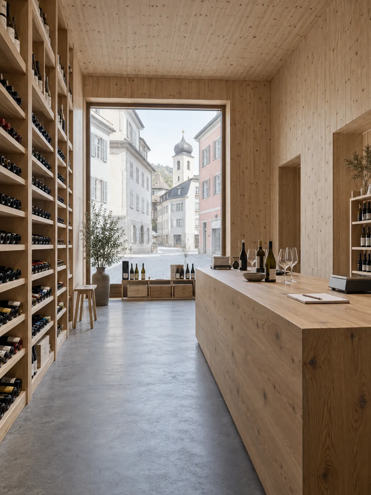 Weinladen mit Eichenregalen und Messinglampen